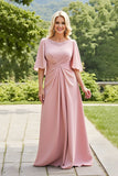 Blush A-Line Bateau Neck Ruched Mother of the Bride Dress With Flutter Sleeves