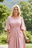 Blush A-Line Bateau Neck Ruched Mother of the Bride Dress With Flutter Sleeves