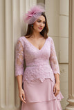 Blush A-Line V-Neck Tiered Chiffon Mother of the Bride Dress with Lace Appliques