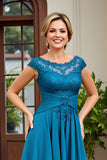 Peacock Blue A-Line Bateau Neck Ruched Mother of the Bride Dress with Lace Appliques