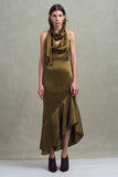 Olive Satin Sheath Long Formal Dress with Ruffles