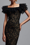 Black Lace Sheath Ruffled Long Formal Dress with Sleeves