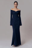 Navy Sheath Satin Off the Shoulder Long Formal Dress with Sleeves
