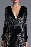 Sparkly Black A Line Sequins Long Formal Dress with Bow