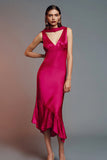 Fuchsia Sheath Satin V-Neck Long Formal Dress with Ruffles