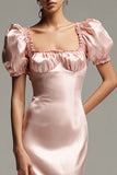 Pink Satin Sheath Long Formal Dress with Sleeves