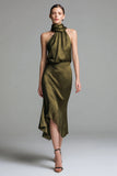 Olive Satin Sheath Halter Midi Formal Dress