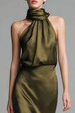 Olive Satin Sheath Halter Midi Formal Dress