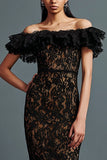Black Lace Ruffled Sheath Long Formal Dress