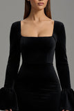 Black Velvet Sheath Long Formal Dress with Sleeves