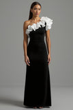 Black and White A Line One Shoulder Long Formal Dress with Ruffles