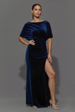 Navy Sheath Velvet Boat Neck Long Formal Dress with Slit