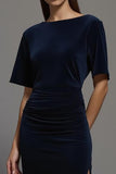 Navy Sheath Velvet Bateau Neck Long Formal Dress with Slit
