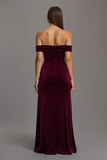 Burgundy Velvet Off the Shoulder Long Formal Dress with Slit