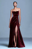 Strapless Burgundy Velvet A Line Formal Dress with Slit