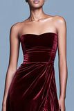 Strapless Burgundy Velvet A Line Formal Dress with Slit