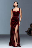 Burgundy A-Line Velvet Ruched Long Formal Dress