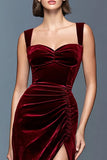 Burgundy A-Line Velvet Ruched Long Formal Dress