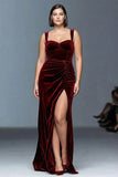 Burgundy A-Line Velvet Ruched Long Plus Size Formal Dress with Slit