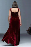 Burgundy A-Line Velvet Ruched Long Plus Size Formal Dress with Slit