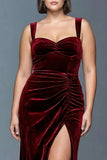 Burgundy A-Line Velvet Ruched Long Plus Size Formal Dress with Slit