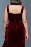 Burgundy A-Line Velvet Ruched Long Plus Size Formal Dress with Slit