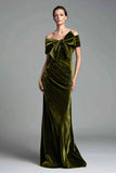 Olive A-Line Off the Shoulder Velvet Formal Dress with Bow