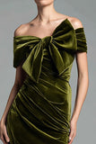 Olive A-Line Off the Shoulder Velvet Formal Dress with Bow