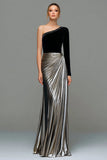 Black and Grey A-Line One Shoulder Metallic Satin Formal Dress