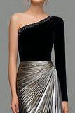 Black and Grey A-Line One Shoulder Metallic Satin Formal Dress