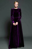 A Line Dark Purple Velvet Formal Dress with Long Sleeves