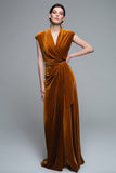 Caramel V-Neck Velvet A-Line Long Formal Dress with Cap Sleeves