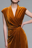Caramel V-Neck Velvet A-Line Long Formal Dress with Cap Sleeves