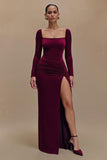 Burgundy Sheath Velvet Long Sleeves Formal Dress with Slit