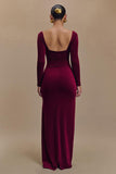 Burgundy Sheath Velvet Long Sleeves Formal Dress with Slit