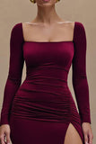 Burgundy Sheath Velvet Long Sleeves Formal Dress with Slit