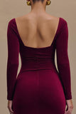 Burgundy Sheath Velvet Long Sleeves Formal Dress with Slit