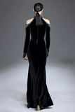 Velvet Black High Neck Long Sleeves Formal Dress