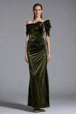 Off the Shoulder Olive Ruched Long Formal Dress with Bow
