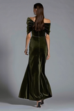 Off the Shoulder Olive Ruched Long Formal Dress with Bow