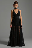 V-Neck Black A-Line Backless Long Formal Dress with Lace