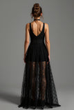 V-Neck Black A-Line Backless Long Formal Dress with Lace