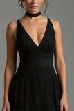 V-Neck Black A-Line Backless Long Formal Dress with Lace