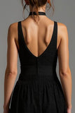 V-Neck Black A-Line Backless Long Formal Dress with Lace