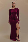 One Shoulder Satin Long Sleeves Burgundy Formal Dress with Slit