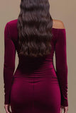 One Shoulder Satin Long Sleeves Burgundy Formal Dress with Slit