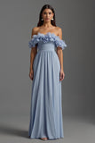 Sky Blue Ruched Off the Shoulder Chiffon Formal Dress with Ruffles