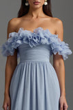 Sky Blue Ruched Off the Shoulder Chiffon Formal Dress with Ruffles