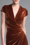 Velvet Caramel Ruched V Neck Long Formal Dress