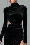 Black Velvet High Neck Long Sleeves Formal Dress with Slit